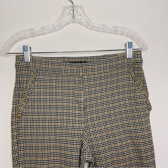 ZARA Basic Tan Plaid Skinny Pant Ruffle Pockets Medium - Picture 4 of 11